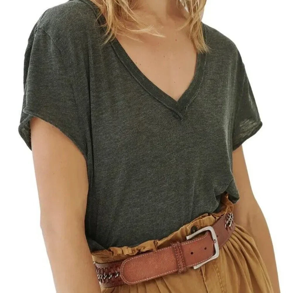 FREE PEOPLE | Grey V-neck Relaxed Fit Casual T-shirt | Size XS | Light Fabric - Picture 3 of 13